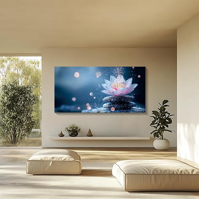Iallbin Buddha Wall Art & Zen Wall Decor White Lotus on Water Canvas Painting - for Yoga Meditation Room, Spa & Bathroom, Iallbin Zen Stone Wall Art & Zen Wall Decor, Single Luminous Lotus Flowe Spiritually Uplifting Quality -for Yoga Meditation Room, ...