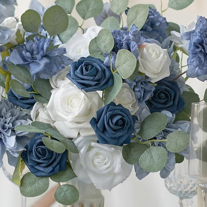 Artificial Flowers, Artificial Rose 25pcs for DIY Wedding Bouquets Centerpieces Arrangements, Navy Blue Foam Roses with Stems for Bridal Shower Party Home Decorations