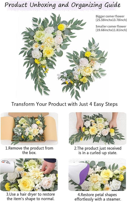 Faux Flowers Wedding Welcome Signs Floral(Pack of 2)，Wedding Arch Flowers for Wedding Decorations and Reception Backdrop Decoration Thanksgiving Halloween Party Decoration (Yellow)