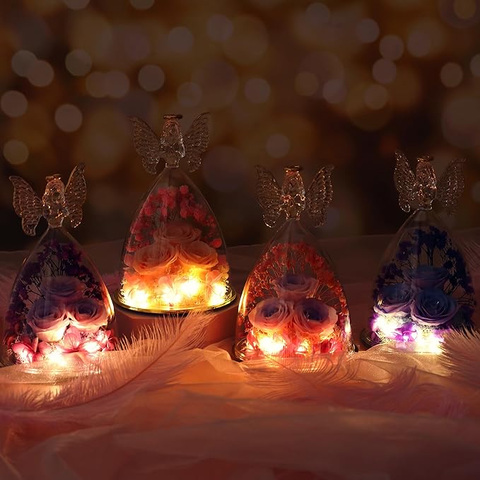 Christmas Rose Gifts for Women Preserved Real Flower in Glass Angel Figurines Roses for Delivery Prime Birthday Gifts for Mom Grandma Girlfriend Wife Her, BluePurple