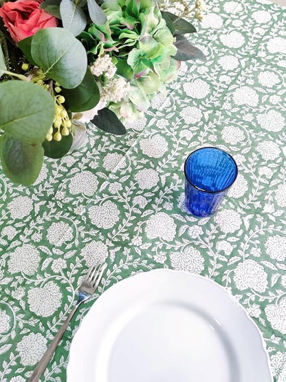 ATOSII Shalimar Green 100% Cotton Rectangle Fall Tablecloth, Handblock Floral Table Cloth Linen for Kitchen Dining I Parties Wedding Outdoors Christmas Thanksgiving I Fall Home Decor 60 X 90 Inches