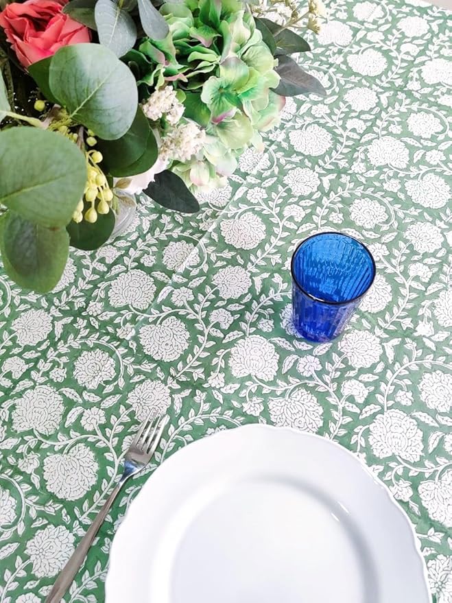 ATOSII Shalimar Green 100% Cotton Spring Summer Tablecloth, Handblock Print Rectangle Table Cover for Dining, Parties, Wedding, Outdoors, Easter Table Cloth I 72 X 140 Inches I 12 Seater