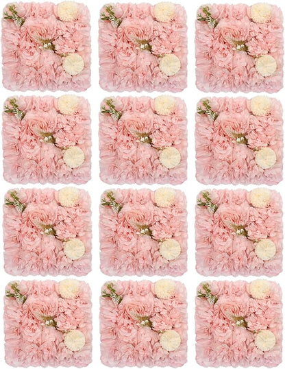 12Pcs Artificial Flower Wall Panel,3D 15" X 15" Silk Rose Mat Artificial Flower Wall,Decorative Backdrop Flower Panels Wall for Wedding Party Stage Baby Shower Decor (Pink,Champagne)