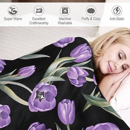 Purple Tulip Blanket Flower Gifts for Girls Women Tulip Floral Throw Blanket for Kids Adults Soft Warm Cozy Fleece Blanket for Couch Sofa Bed 40"x50"
