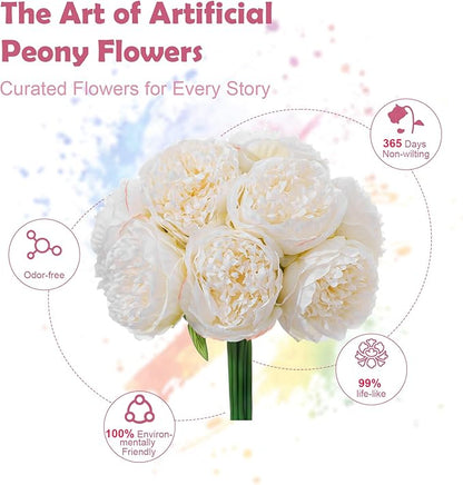 10PCS Off White Realistic Artificial Flowers Peony Fake Silk for Home Office Wedding Table Centerpieces Party Festival Bar Decoration Indoor