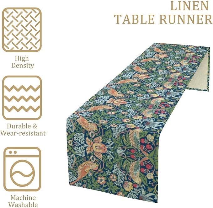 William Morris Floral Table Runner, Vintage Flowers Green Botanical Printed Table Runner for Home Kitchen Dining Table Decoration,13x90 Inch