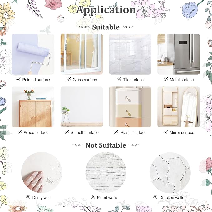 Retro Boho Wildflower Wall Stickers, Vintage Garden Floral Wall Decals 7 Sheets DIY Peel and Stick Wall Decal Self Adhesive Home Decor for Bedroom Offices Sofa TV Backdrop Wall
