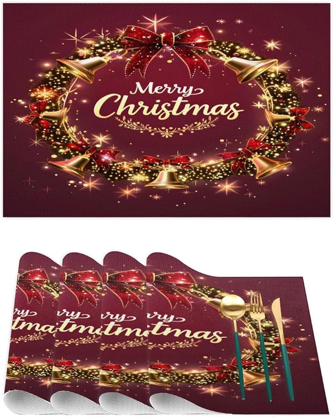 Xmas Christmas Bells Red Placemats Set of 4 PVC Vinyl Non Slip Table Mats Heat Resistant Place Mats Washable Wipeable Dining Table Mat for Kitchen Decor Party Indoor Outdoor Decorative Gift