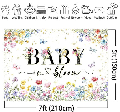 Mocsicka Baby in Bloom Backdrop Banner Wildflower Backdrop Decorations for Baby Shower 7x5ft Girls Floral Golden Dot A Little Wildflower is On The Way Baby Shower Decorations Banner
