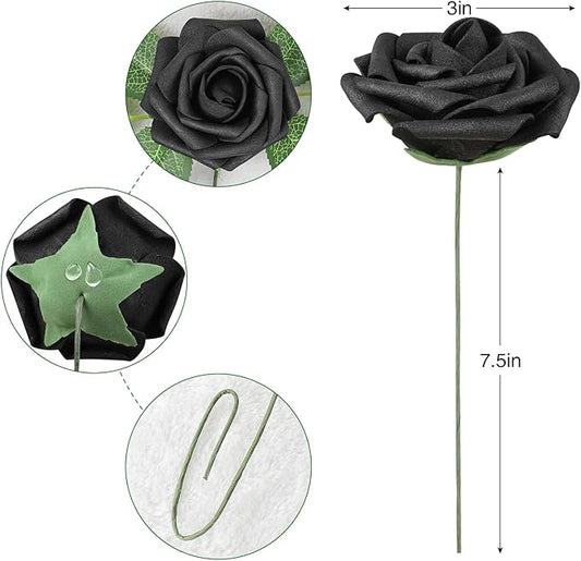AmyHomie Artificial Flowers Black Rose 25pcs Real Looking Fake Roses w/Stem for DIY Wedding Bouquets Centerpieces Arrangements Party Baby Shower Valentines Day Christmas Tree Decorations