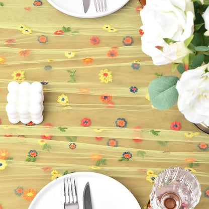 Joanlody Yellow Embroidery Daisy Christmas Table Runner Florals Seasonal Tulle Table Runner Holiday Kitchen Dining Table Decoration Wedding Party