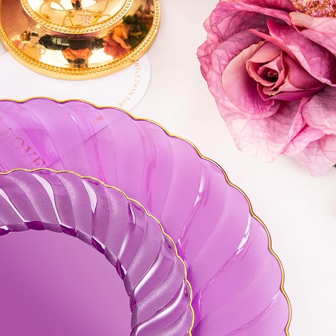YOUBET 125PCS Purple Plastic Dinnerware Set - Gold and Clear Purple Disposable Plates Include 50 Plastic Plates 75 Silverwares for Wedding Birthday Parties