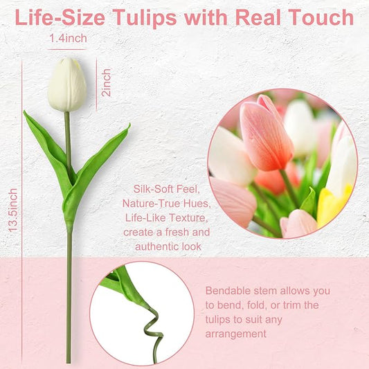 Real Touch Artificial Tulips, 20pcs Fake Tulip Flowers Stem, PU Faux Tulips 13.5” for Mother's Day, Home Decor, Wedding, Easter Valentine's Gift, Table Centerpiece, Floral Arrangements, Yellow
