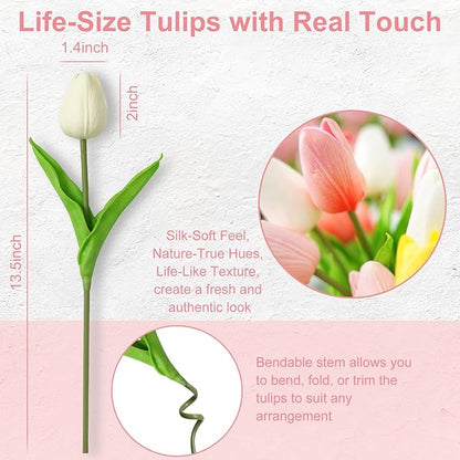 Real Touch Artificial Tulips, 20pcs Fake Tulip Flowers Stem, PU Faux Tulips 13.5” for Mother's Day, Home Decor, Wedding, Easter Valentine's Gift, Table Centerpieces, Pink Series and White