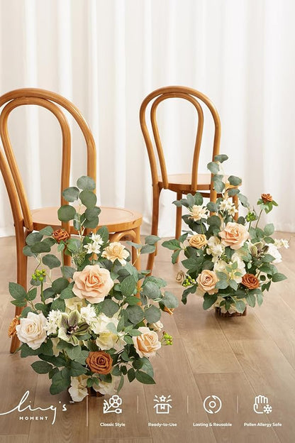 Ling's moment 17.5" Tall Standing Artificial Flowers Arrangements 2 pcs Wedding Aisle Runner Chair Decorations Apricot & Soft Peach Centerpieces for Ceremony Reception Rose Floral Party Outdoor