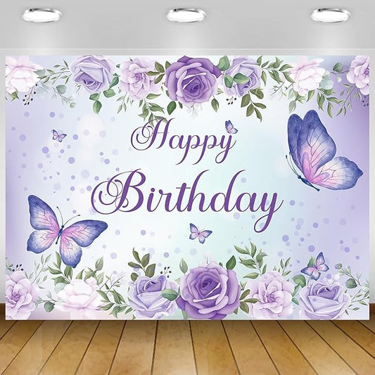 5x4Ft Purple Butterfly Birthday Banner Backdrop for Women Girl Purple Happy Birthday Backdrop Banner Rose Flowers Butterfly Decortions for Girl 's Party 59×47 inch