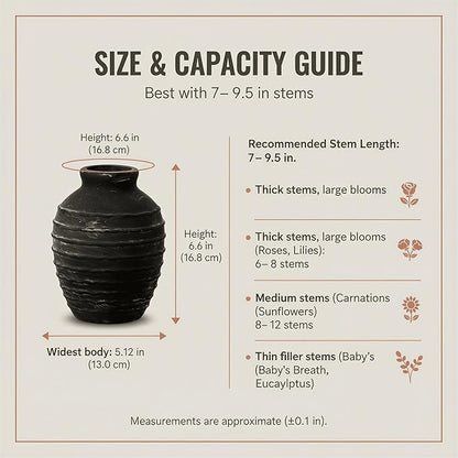 6.6-Inch Black Ceramic Flower Vase, Rustic Farmhouse Boho Pottery Decor for Table, Living Room & Shelf