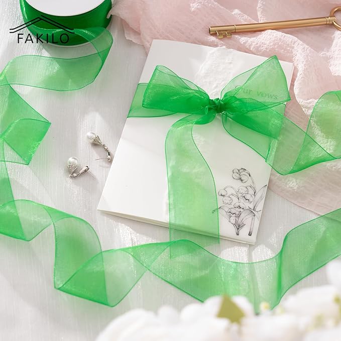 Green Organza Ribbon for Gift Wrapping, FAKILO 2 Inch Shimmer Sheer Wrapping Ribbon for Bouquet, Wedding,Festival - 50 Yards Each Roll