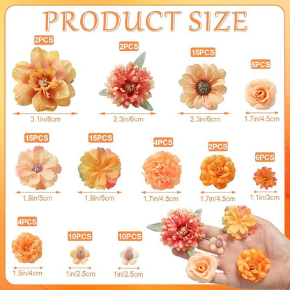 Small Artificial Flower Heads 2-4 cm, Fall Silk Faux Orange Peony Daisy Rose, for DIY Crafts, Wedding Garland, Graduation Cap, Cake Topper & Home Decoration