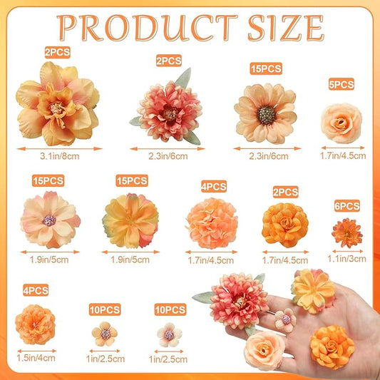 Small Artificial Flower Heads 2-4 cm, Fall Silk Faux Orange Peony Daisy Rose, for DIY Crafts, Wedding Garland, Graduation Cap, Cake Topper & Home Decoration