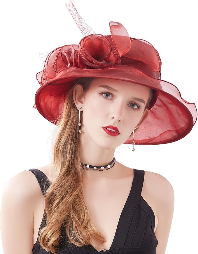 Organza Derby Hats for Women Wide Brim Fascinator Hat Rose Flower Wedding Tea Party Hat