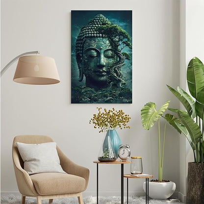 Buddha statue wall art canvas wall decor aesthetic picture mystical nature art for tranquil home and spiritual space 28x40in Wood Framed