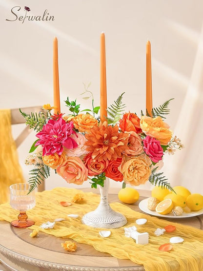 Serwalin Artificial Fall Flowers, Orange & Magenta Silk Fake Flowers, Autumn Faux Flowers for Wedding Bouquet, Table Centerpieces, Home Decor