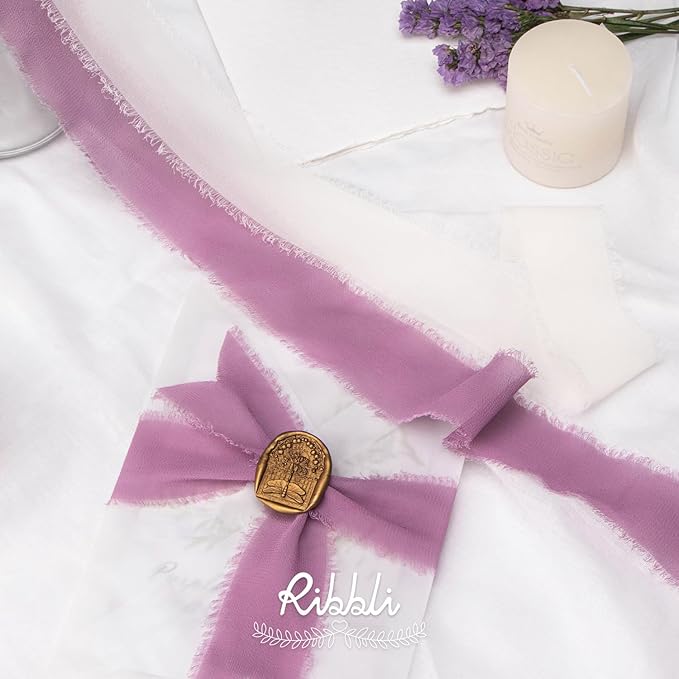 Ribbli Rosy Mauve Chiffon Ribbon 1-1/2 inch x 20 Yard Handmade Fringe Silk Ribbon, Dark Mauve for Wedding Invitations, Bridal Bouquets Wrapping, Flower Arrangement Decoration