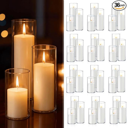 72 PCS White Pillar Candles with Glass Candle Holders Clear Hurricane Candle Holders Glass Cylinder Vases for Centerpieces Wedding Party, Event, Home Office (36 Candles+36 Candle Hoders)