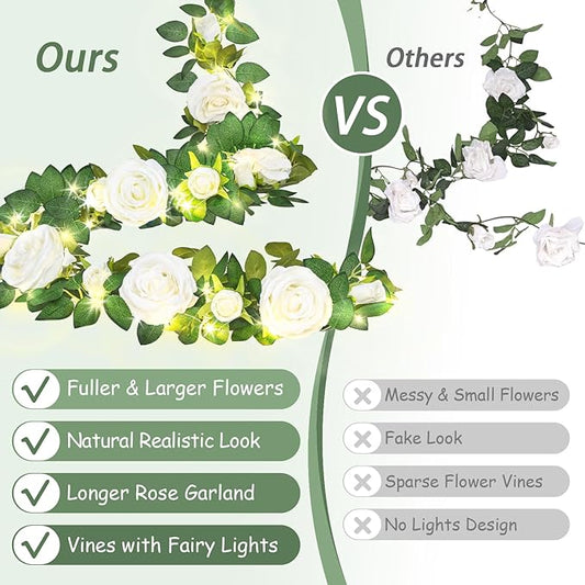 2 Pcs Flower Garland with 19.6 Ft Lights, 13.2 Ft White Floral Garland Fake Flowers for Wedding Arch Party Wall Garden Room Decor