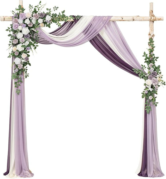 Ling's moment Wedding Arch Flowers with Drapes Kit-Pack of 5, 2pcs Flower Arrangements 3pcs Sheer Hanging Drapes White Ceremony Arbor Backdrop Artificial Rose Floral Decorations, Lilac & Purple