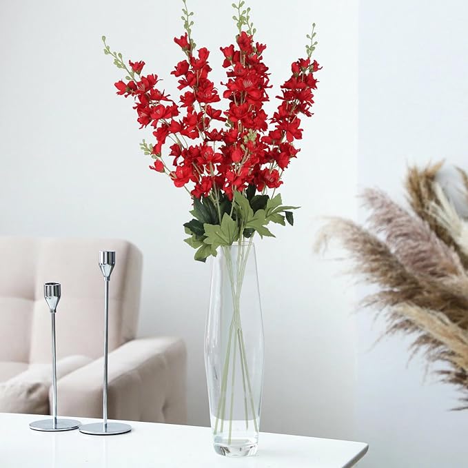 8PCS Long Stem Artificial Delphinium Flowers 33.5'' Larkspur Artificial Flower Red Silk Flowers for Tall Vase Home Wedding Table Centerpieces Decor(Red)
