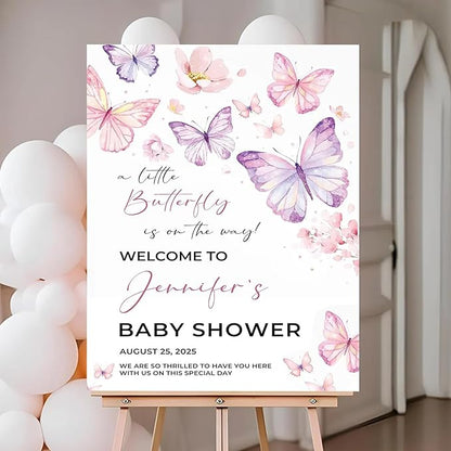 Personalized Baby Shower Welcome Sign With Stand, Baby Shower Yard Sign Template, Forest Animal Yard Sign Decorations For Girl, A Little Butterfly For Girl Welcome Sign
