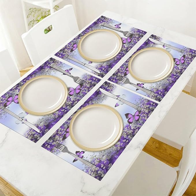 Purple Butterfly Flowers Placemats Set of 4,Spring Summer Flower Place Mats Washable for Kitchen Dining Table Heat Resistant Decorative Colth Table Mats 4 PCS, Style-1