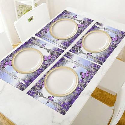 Purple Butterfly Flowers Placemats Set of 4,Spring Summer Flower Place Mats Washable for Kitchen Dining Table Heat Resistant Decorative Colth Table Mats 4 PCS, Style-1