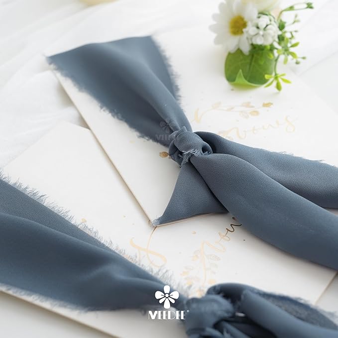 MEEDEE Dusty Blue Chiffon Ribbon 3 Inch Fringe Ribbons Slate Blue Chiffon Silk Frayed Edge Ribbon Wide Chiffon Ribbons for Crafts, Flower Bouquet, Wedding Favors Wrapping (2 Rolls 10 Yards)