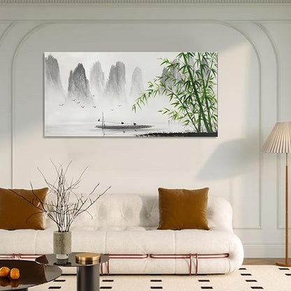 Winpeak Art Traditional Chinese Painting Black and White Landscape Canvas Wall Art Bamboo Artwork