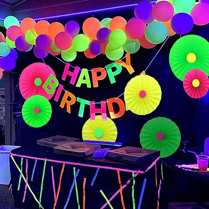 Neon 'Happy Birthday' Banner, UV Glow Party Supplies & Decorations, Neon Color, Letter Print, 118.08 x 8.7 Inches, Birthday Occasion