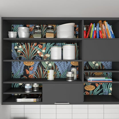 Boho Floral Peel and Stick Wallpaper Vintage Botanical Wallpaper, Self Adhesive Wall Mural 17.5" x 118" Tropical Rainforest Wall Paper for Bedroom Walls Cabinet (Black, Orange, Blue)