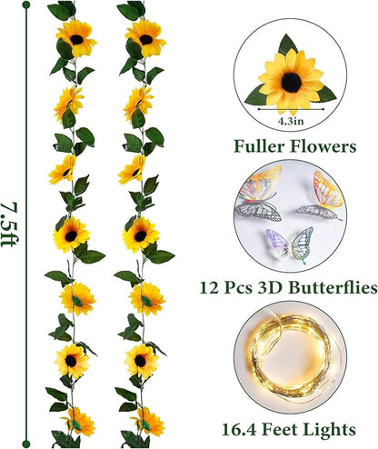 2 Pack Artificial Sunflower Garland with Lights Decor,Fake Hanging Sunflower Vines with Green Leaves,Silk Girasoles Flower Garlands for Birthday Wedding Tables Centerpieces Party Garden Decor