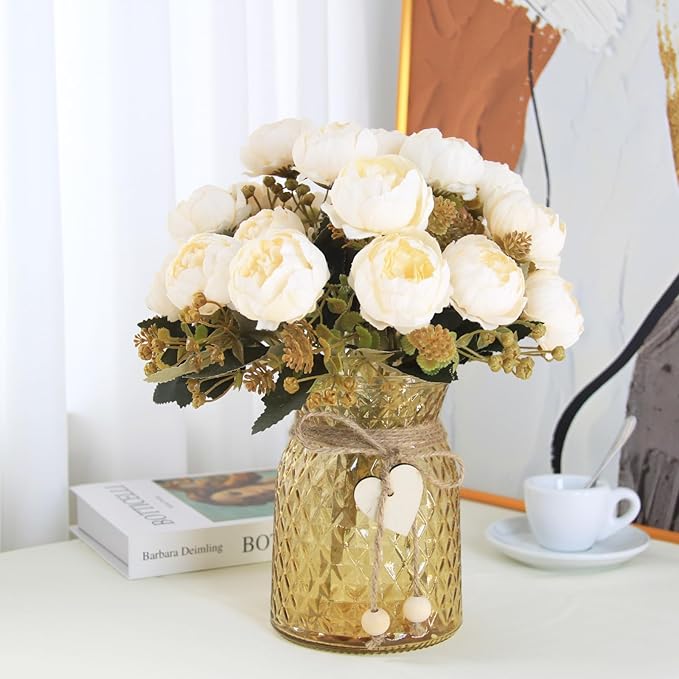 Fake Flowers in Vase,Fake Flowers with Vase 21 Pcs Faux Peony Flowers,Artificial Flowers for Home Decor, Indoor Centerpiece for Living Room & Dining Table (White)