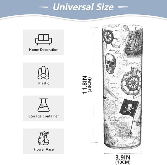 Flower Vase Clear Plastic Cylinder Vases Decor for Centerpieces Home Storage Office Weddings Pirate Skull Flags Sailing Ships 11.8 x 3.9 in