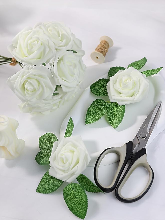 Meldel Artificial Flower 25pcs Real Looking Ivory White Fake Foam Roses with Stems for DIY Wedding Bouquets Gifts Bridal Shower Faux Floral Centerpieces Arrangements Home Party Tables Decorations