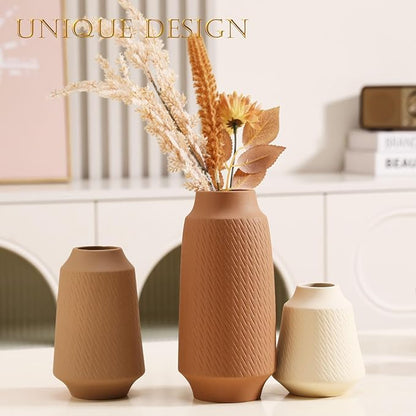 Ceramic Vase Set of 3 - Handcrafted Ceramic Vases for Home Decor & Shelf - Modern Farmhouse Decor for Kitchen, Office, Bedroom & Living Room Decorative Objects for Mantel, Table Centerpieces