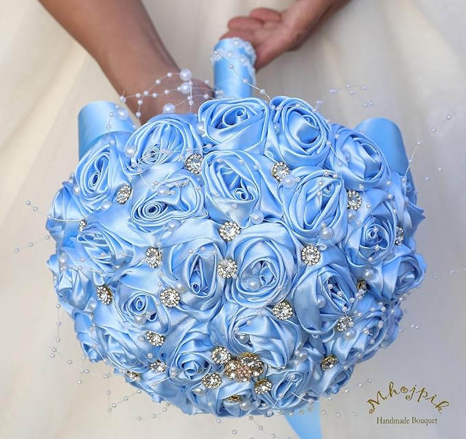 Bridal Wedding Bouquet Round Bling Brooch Bouquet Throw Toss Artificial Rose Flower Bunch for Bride Bridesmaid Wedding Quinceanera(Light Blue, 8.7")
