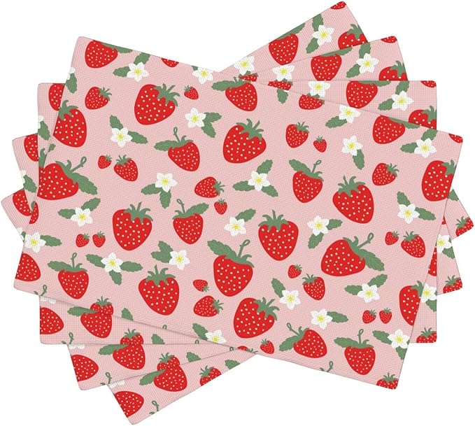 Fruit Linen Placemats Set of 4 Pink Strawberry Placemats for Indoor Outdoor Party Home Desktop Kitchen Dining Room Decor 12x18 Inch