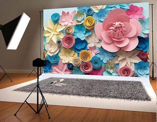 Colorful Flowers Paper Wall Photography Background 8x6FT Lovely Style Champagne Blue Pink Blossoming Flower Backdrops Portraits Shooting Video Studio Props