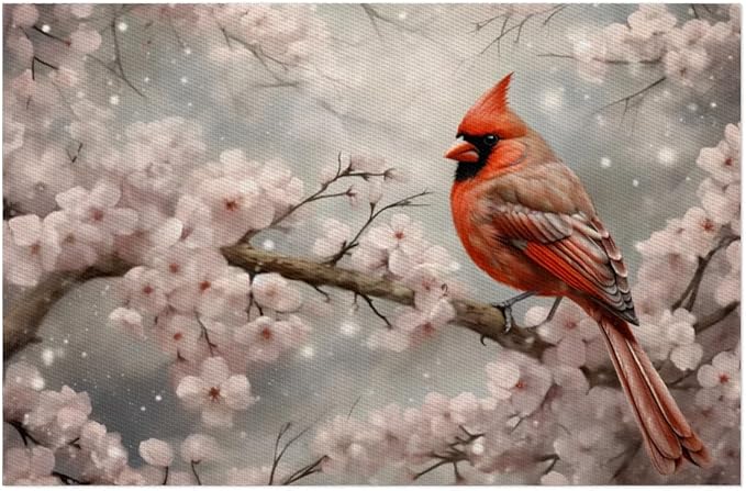 PVC Placemats Set of 1 Winter Red Cardinal Flower Wipeable Table Mats Washable Heat Resistant Non Slip Vinyl Dining Table Mat for Kithen Indoor Outdoor Patio Farmhouse Place Mats Decorative