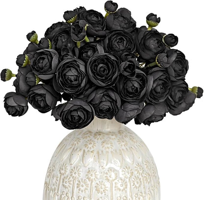 Letjolt Ranunculus Artificial Flower 18 Pcs Black Silk Ranunculus Wedding Bouquet Engagement Centerpieces Arrangements Bridal Shower Decorations Home Decor, Black