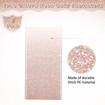 1 Pack Ombre Rose Gold Plastic Tablecloth for Parties, Gradient Pastel Rose Gold Disposable Tablecloths for Rectangle Tables, Light Pink Sprinkle Table Cover for Wedding Birthday Party, 54 x 108 Inch